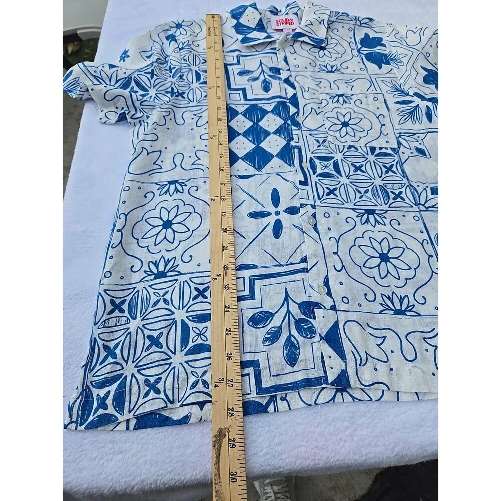 Solid & Striped Linen Shirt Mens Medium Blue White Tile Print Short Sleeve...